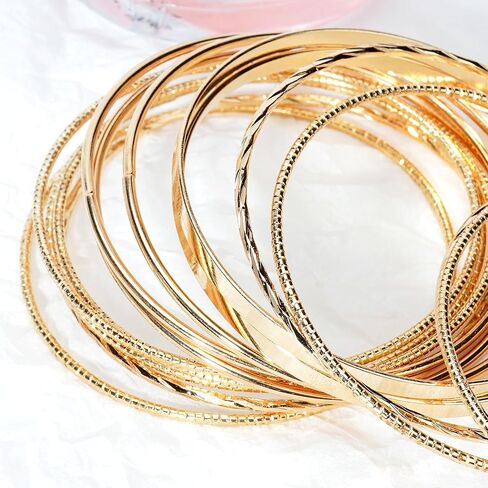 Linkidea Plus Size Bangle Bracelets Set for Women, Set of 14 Stainless Steel Irregular Stacked Round Golden Bangles, 8.6 Inches, Large in Saudi Arabia