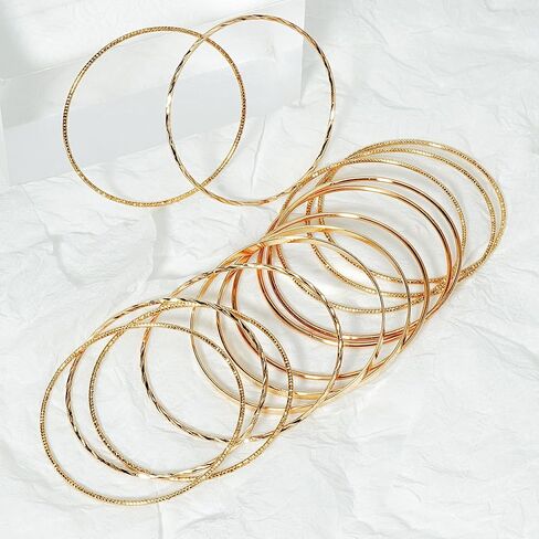 Linkidea Plus Size Bangle Bracelets Set for Women, Set of 14 Stainless Steel Irregular Stacked Round Golden Bangles, 8.6 Inches, Large in Saudi Arabia