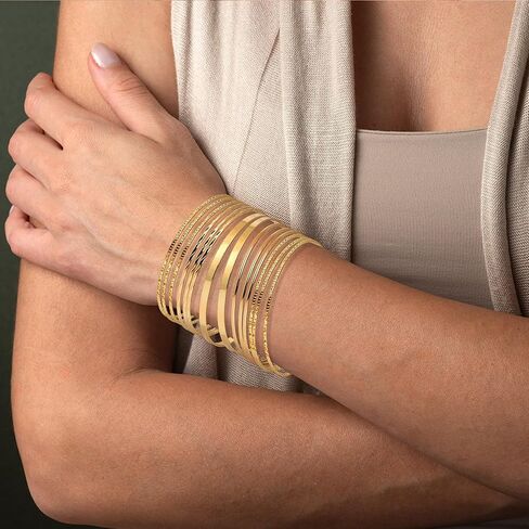 Linkidea Plus Size Bangle Bracelets Set for Women, Set of 14 Stainless Steel Irregular Stacked Round Golden Bangles, 8.6 Inches, Large in Saudi Arabia