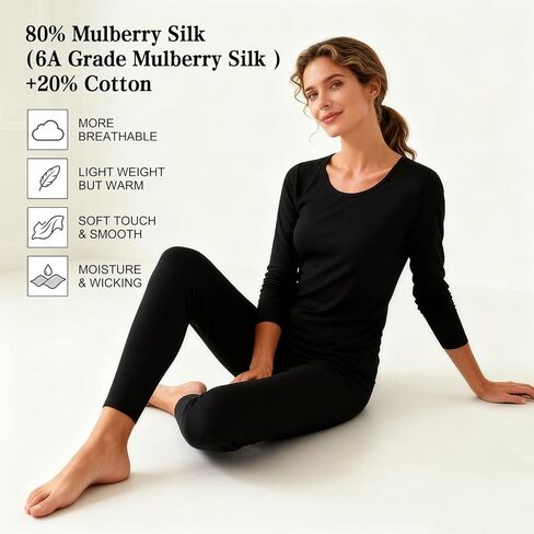 طقم ملابس داخلية حريرية حريرية للسيدات من Real Silk Life طقم طويل جونز حراري للنساء بطبقة أساسية ناعمة من الأعلى والأسفل in Kuwait