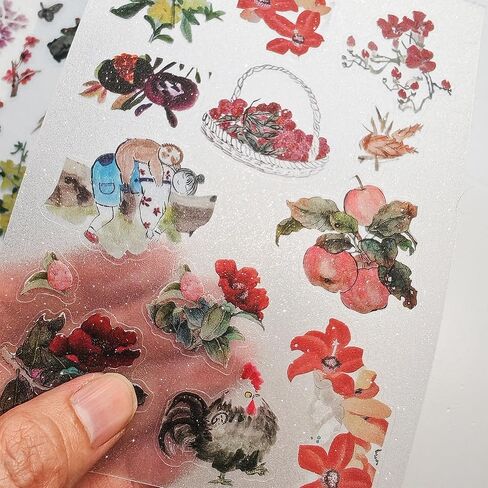 48 Pcs Transparent Glitter Manuscript Fruits/Vegetables/Flora/Fauna/Animal/Plants Stickers - Cute Hand Journal Decorations for Laptops Chinese Japanese in Saudi Arabia