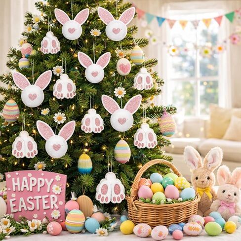 Jenaai 18 Pcs Easter Glitter Bunny Hanging Decorations Bunny Tree Ornaments Plush Rabbit Butt Ears Decor Spring DIY Crafts Tree Ornaments Easter Party Favors Home Decoration in Saudi Arabia