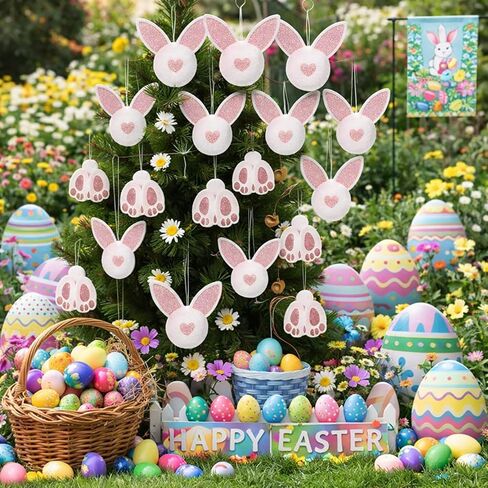 Jenaai 18 Pcs Easter Glitter Bunny Hanging Decorations Bunny Tree Ornaments Plush Rabbit Butt Ears Decor Spring DIY Crafts Tree Ornaments Easter Party Favors Home Decoration in Saudi Arabia