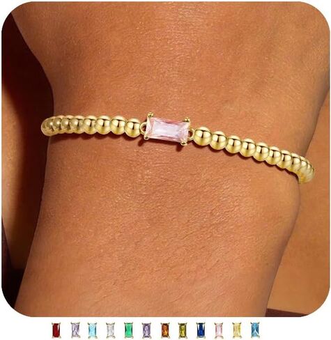 Birthstone Bracelet for Women - Easter Gifts for Teens Easter Basket Stuffers Dainty 14K-Gold-Plated Bead Bracelets Stackable Stretch Friendship Bracelet Trendy Couples Birthday Gifts Jewelry in Saudi Arabia