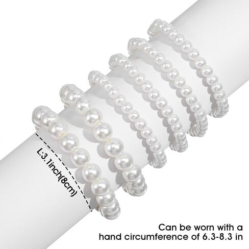 Yolev 6Pcs Pearl Bracelets for Women Faux Pearl Bracelet Stack Elastic Bead Bracelets Set Bridal Bridesmaid Jewelry for Halloween Wedding Prom Party Christmas Gift in Saudi Arabia