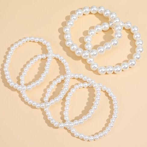 Yolev 6Pcs Pearl Bracelets for Women Faux Pearl Bracelet Stack Elastic Bead Bracelets Set Bridal Bridesmaid Jewelry for Halloween Wedding Prom Party Christmas Gift in Saudi Arabia
