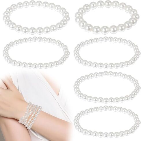 Yolev 6Pcs Pearl Bracelets for Women Faux Pearl Bracelet Stack Elastic Bead Bracelets Set Bridal Bridesmaid Jewelry for Halloween Wedding Prom Party Christmas Gift in Saudi Arabia