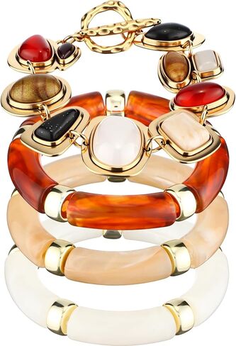 4 Pcs Simple Beaded Gold Plated Bangles Metal Geometric Gem Bamboo Bracelet Set Acrylic Alloy Bracelets for Women in Saudi Arabia