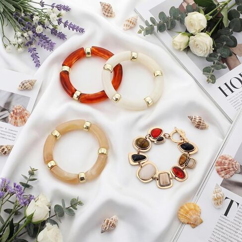 4 Pcs Simple Beaded Gold Plated Bangles Metal Geometric Gem Bamboo Bracelet Set Acrylic Alloy Bracelets for Women in Saudi Arabia