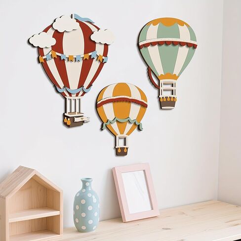 3 قطع من منطاد الهواء الساخن لتزيين الحائط مع سحابة، ديكور حائط لغرفة الأطفال، منحوتات جدارية خشبية بوهو ذات طابع حالم لغرفة المعيشة وغرفة النوم والممر والمنزل (متعددة الألوان) in Kuwait