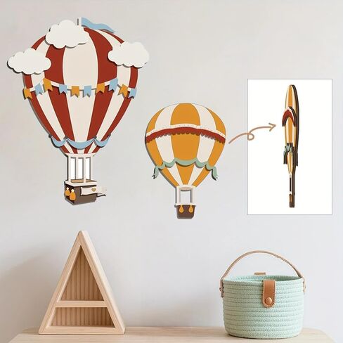 3 قطع من منطاد الهواء الساخن لتزيين الحائط مع سحابة، ديكور حائط لغرفة الأطفال، منحوتات جدارية خشبية بوهو ذات طابع حالم لغرفة المعيشة وغرفة النوم والممر والمنزل (متعددة الألوان) in Kuwait
