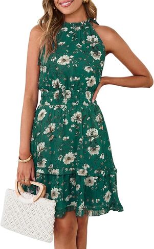 Simplee Womens Floral Summer Halter Dress A Line Sleeveless Emipre Waist Tiered Mini Boho Sundress Beach Vacation Outfits in Saudi Arabia