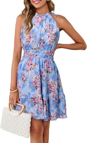 Simplee Womens Floral Summer Halter Dress A Line Sleeveless Emipre Waist Tiered Mini Boho Sundress Beach Vacation Outfits in Saudi Arabia