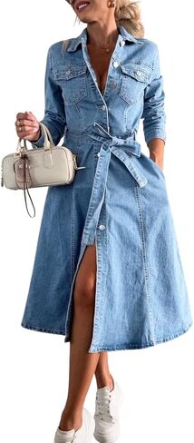 chouyatou Women's 2025 Long Sleeve Belted Denim Shirt Dress A-Line Business Casual Midi Long Denim Coat in Saudi Arabia