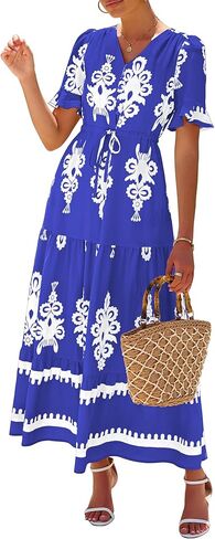 فساتين صيفية من Lazysmile للنساء بأكمام قصيرة ورقبة على شكل V ورباط على شكل زهور فستان طويل بوهو على شكل حرف A مع جيوب in Kuwait