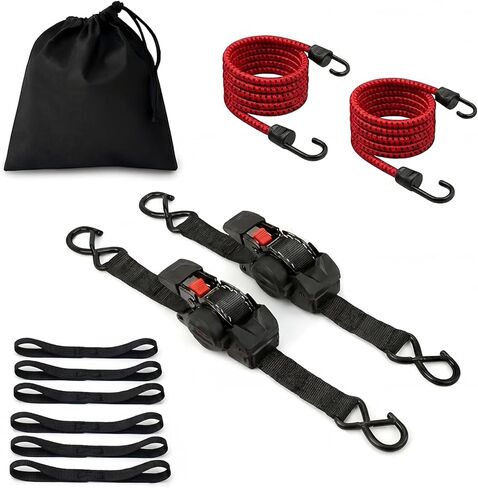 Retractable Ratchet Straps (2 Pack) - 1" x 10 ft Heavy Duty Tie Downs with Auto Retract and 1650 lb Break Strength for Cargo Trailer, Motorcycle, ATV - Includes Soft Loops and Bungee Cords in Saudi Arabia