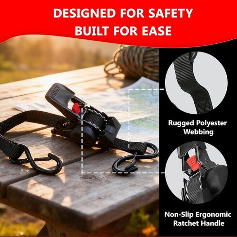 Retractable Ratchet Straps (2 Pack) - 1" x 10 ft Heavy Duty Tie Downs with Auto Retract and 1650 lb Break Strength for Cargo Trailer, Motorcycle, ATV - Includes Soft Loops and Bungee Cords in Saudi Arabia