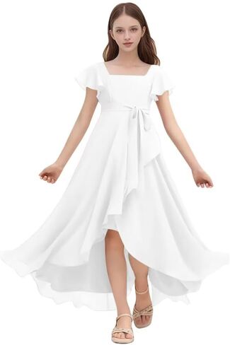 Chiffon Junior Bridesmaid Dresses for Wedding Party Ruffles Flutter Sleeves Square Neck A Line Flower Girl Dress in Saudi Arabia