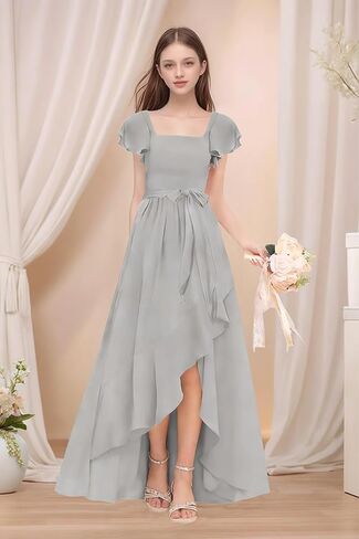 Chiffon Junior Bridesmaid Dresses for Wedding Party Ruffles Flutter Sleeves Square Neck A Line Flower Girl Dress in Saudi Arabia