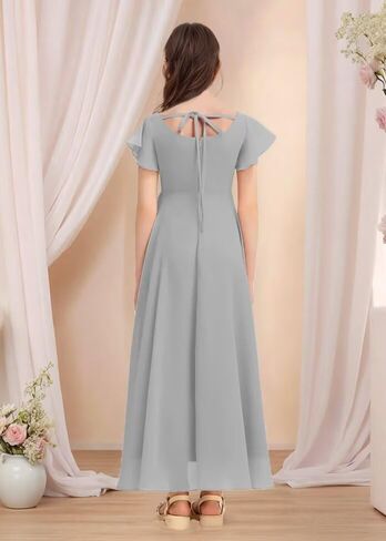 Chiffon Junior Bridesmaid Dresses for Wedding Party Ruffles Flutter Sleeves Square Neck A Line Flower Girl Dress in Saudi Arabia