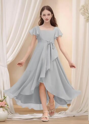 Chiffon Junior Bridesmaid Dresses for Wedding Party Ruffles Flutter Sleeves Square Neck A Line Flower Girl Dress in Saudi Arabia