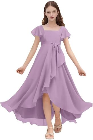 Chiffon Junior Bridesmaid Dresses for Wedding Party Ruffles Flutter Sleeves Square Neck A Line Flower Girl Dress in Saudi Arabia