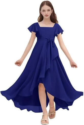 Chiffon Junior Bridesmaid Dresses for Wedding Party Ruffles Flutter Sleeves Square Neck A Line Flower Girl Dress in Saudi Arabia