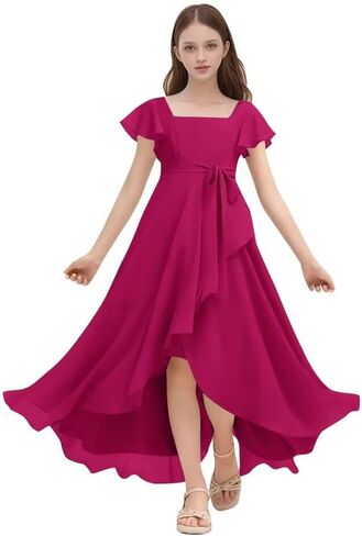 Chiffon Junior Bridesmaid Dresses for Wedding Party Ruffles Flutter Sleeves Square Neck A Line Flower Girl Dress in Saudi Arabia