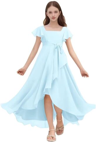 Chiffon Junior Bridesmaid Dresses for Wedding Party Ruffles Flutter Sleeves Square Neck A Line Flower Girl Dress in Saudi Arabia
