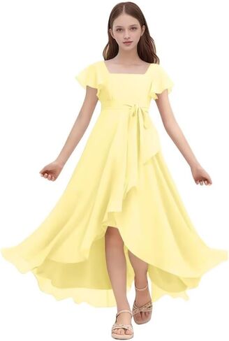 Chiffon Junior Bridesmaid Dresses for Wedding Party Ruffles Flutter Sleeves Square Neck A Line Flower Girl Dress in Saudi Arabia
