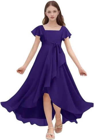 Chiffon Junior Bridesmaid Dresses for Wedding Party Ruffles Flutter Sleeves Square Neck A Line Flower Girl Dress in Saudi Arabia