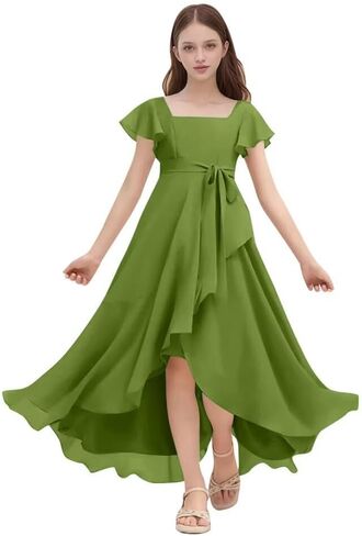 Chiffon Junior Bridesmaid Dresses for Wedding Party Ruffles Flutter Sleeves Square Neck A Line Flower Girl Dress in Saudi Arabia