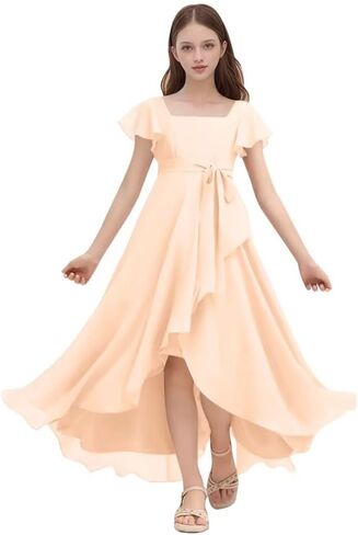 Chiffon Junior Bridesmaid Dresses for Wedding Party Ruffles Flutter Sleeves Square Neck A Line Flower Girl Dress in Saudi Arabia