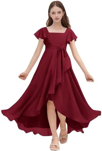 Chiffon Junior Bridesmaid Dresses for Wedding Party Ruffles Flutter Sleeves Square Neck A Line Flower Girl Dress in Saudi Arabia