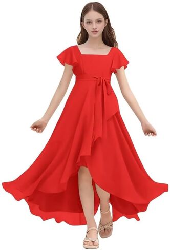 Chiffon Junior Bridesmaid Dresses for Wedding Party Ruffles Flutter Sleeves Square Neck A Line Flower Girl Dress in Saudi Arabia