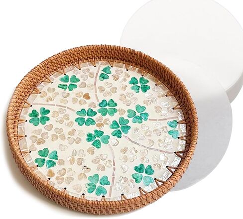 Rattan Tray with 50 pcs Parchment Paper, Anthropologie Home Decor Handmade Woven Round Serving Decorative Basket Tray for Fruit Coffee Table Dinning Kitchen Picnic Party (Clover, 13.8 IN) in Saudi Arabia