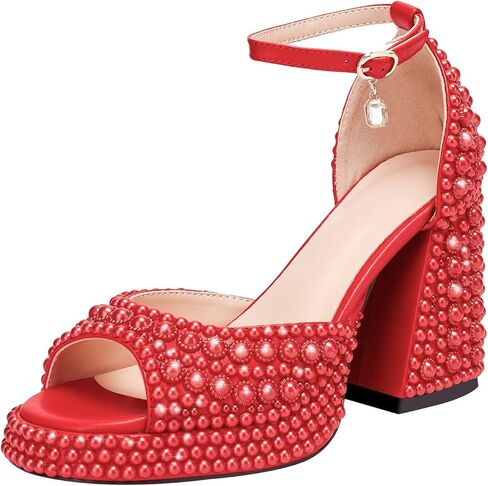 Women's open toe pearl high-heeled sandals | Chunky Buckle Ankle Strap Wedding Heeled Sandals Dress Evening Bride Shoes in Saudi Arabia