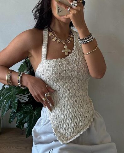 YEMOCILE Womens Sexy Ribbed Knit Vest Asymmetrical Halter Tops Backless Sleeveless Going Out Vest Vacation Beachwear in Saudi Arabia