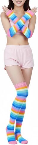 Rainbow Socks Women Knee High Socks Girls Striped Long Colorful Arm Leg Warmer Fingerless Gloves Set Party Accessories in Kuwait