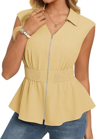 GRACE KARIN Womens Peplum Tops Business Casual,Short Sleeve Work Blouses Summer,Zipper V Neck Shirts Cinched Smocked Waist in Saudi Arabia