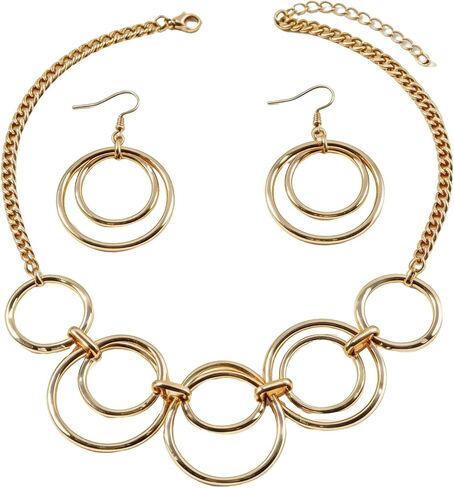 مجموعة قلادة وأقراط متشابكة بدائرة مزدوجة باللون الذهبي للنساء، قلادة بسلسلة مكتنزة مع حلقات متدلية متطابقة، إكسسوارات مجوهرات هندسية حديثة in Kuwait