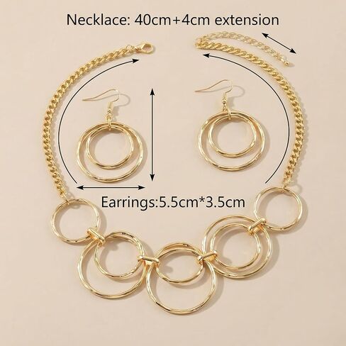 مجموعة قلادة وأقراط متشابكة بدائرة مزدوجة باللون الذهبي للنساء، قلادة بسلسلة مكتنزة مع حلقات متدلية متطابقة، إكسسوارات مجوهرات هندسية حديثة in Kuwait