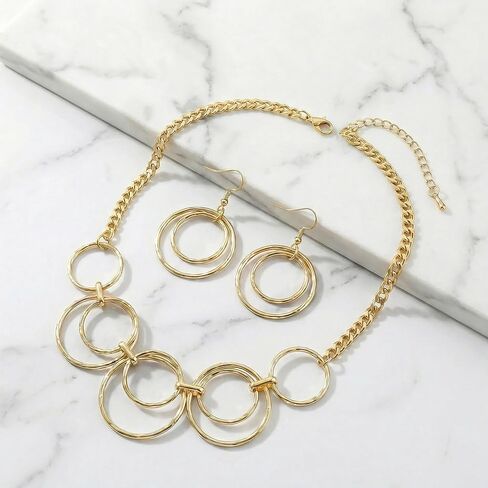 مجموعة قلادة وأقراط متشابكة بدائرة مزدوجة باللون الذهبي للنساء، قلادة بسلسلة مكتنزة مع حلقات متدلية متطابقة، إكسسوارات مجوهرات هندسية حديثة in Kuwait