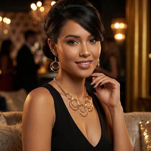 مجموعة قلادة وأقراط متشابكة بدائرة مزدوجة باللون الذهبي للنساء، قلادة بسلسلة مكتنزة مع حلقات متدلية متطابقة، إكسسوارات مجوهرات هندسية حديثة in Kuwait