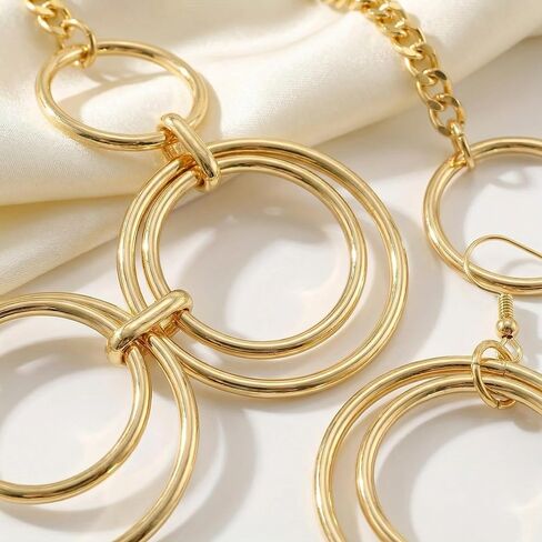 مجموعة قلادة وأقراط متشابكة بدائرة مزدوجة باللون الذهبي للنساء، قلادة بسلسلة مكتنزة مع حلقات متدلية متطابقة، إكسسوارات مجوهرات هندسية حديثة in Kuwait