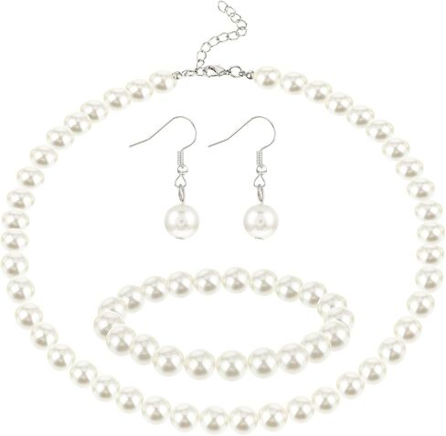 3 Pcs Pearl Jewelry Set,10mm Pearl Necklace and Earring Bracelet Set White Jewelry Sets for Women Suitable for Wedding Birthday Valentine'S Day Christmas Gifts in Saudi Arabia