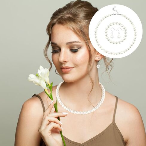 3 Pcs Pearl Jewelry Set,10mm Pearl Necklace and Earring Bracelet Set White Jewelry Sets for Women Suitable for Wedding Birthday Valentine'S Day Christmas Gifts in Saudi Arabia