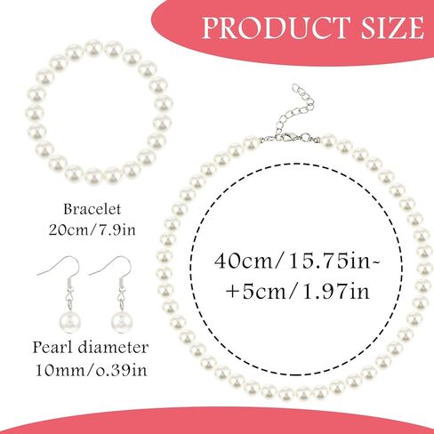 3 Pcs Pearl Jewelry Set,10mm Pearl Necklace and Earring Bracelet Set White Jewelry Sets for Women Suitable for Wedding Birthday Valentine'S Day Christmas Gifts in Saudi Arabia