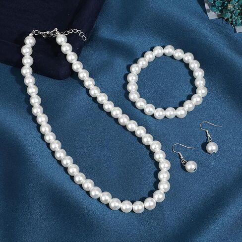 3 Pcs Pearl Jewelry Set,10mm Pearl Necklace and Earring Bracelet Set White Jewelry Sets for Women Suitable for Wedding Birthday Valentine'S Day Christmas Gifts in Saudi Arabia