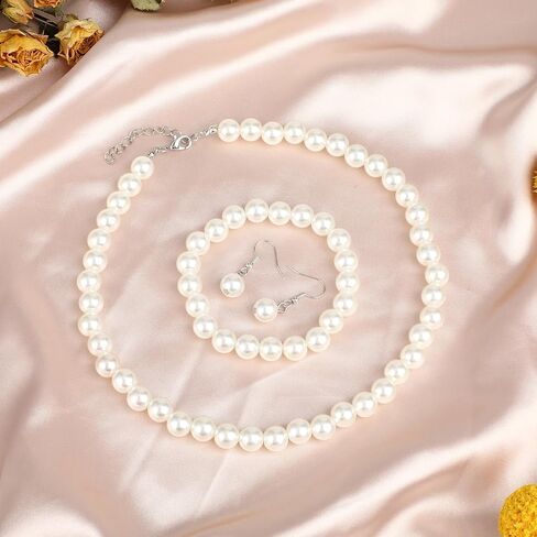3 Pcs Pearl Jewelry Set,10mm Pearl Necklace and Earring Bracelet Set White Jewelry Sets for Women Suitable for Wedding Birthday Valentine'S Day Christmas Gifts in Saudi Arabia